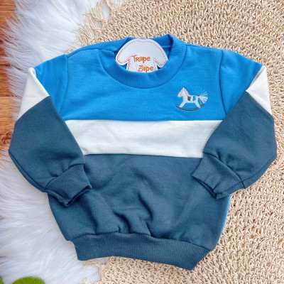 Conj. Casaco Listrado Cavalinho de Brinquedo e Calça de Moletom - Azul Bebê, Off White e Chumbo